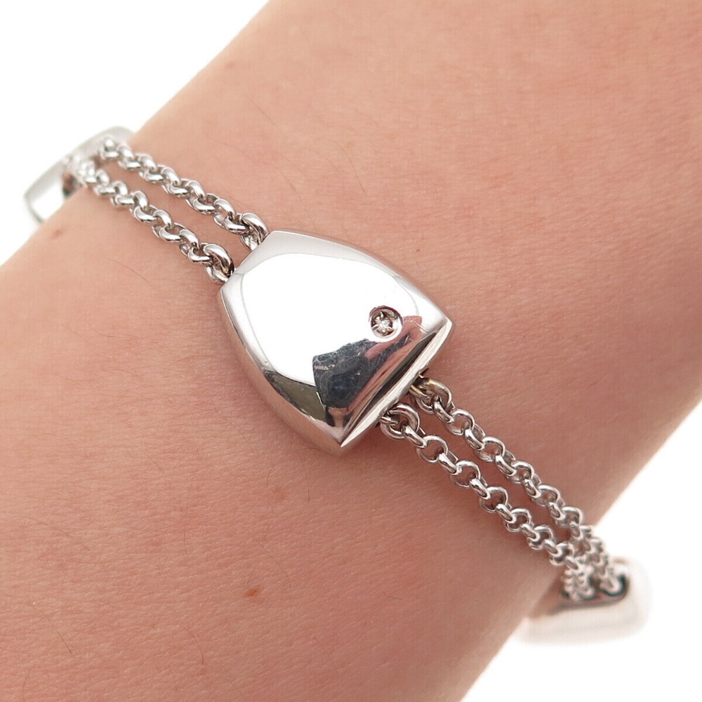 Molecole 925 Sterling Silver Real Diamond Station 2-Row Rolo Link Bracelet 6.75"
